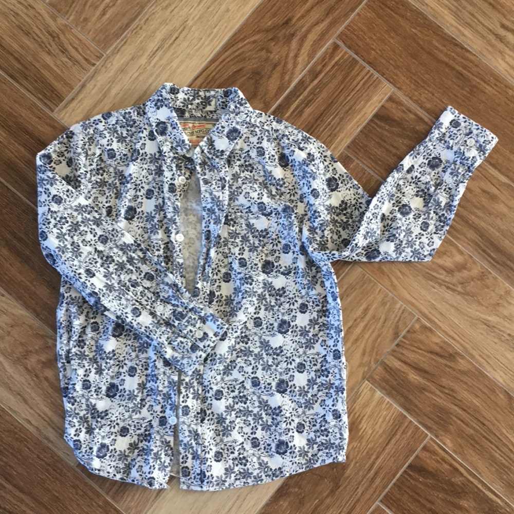 Flowered navy and white button down shirt